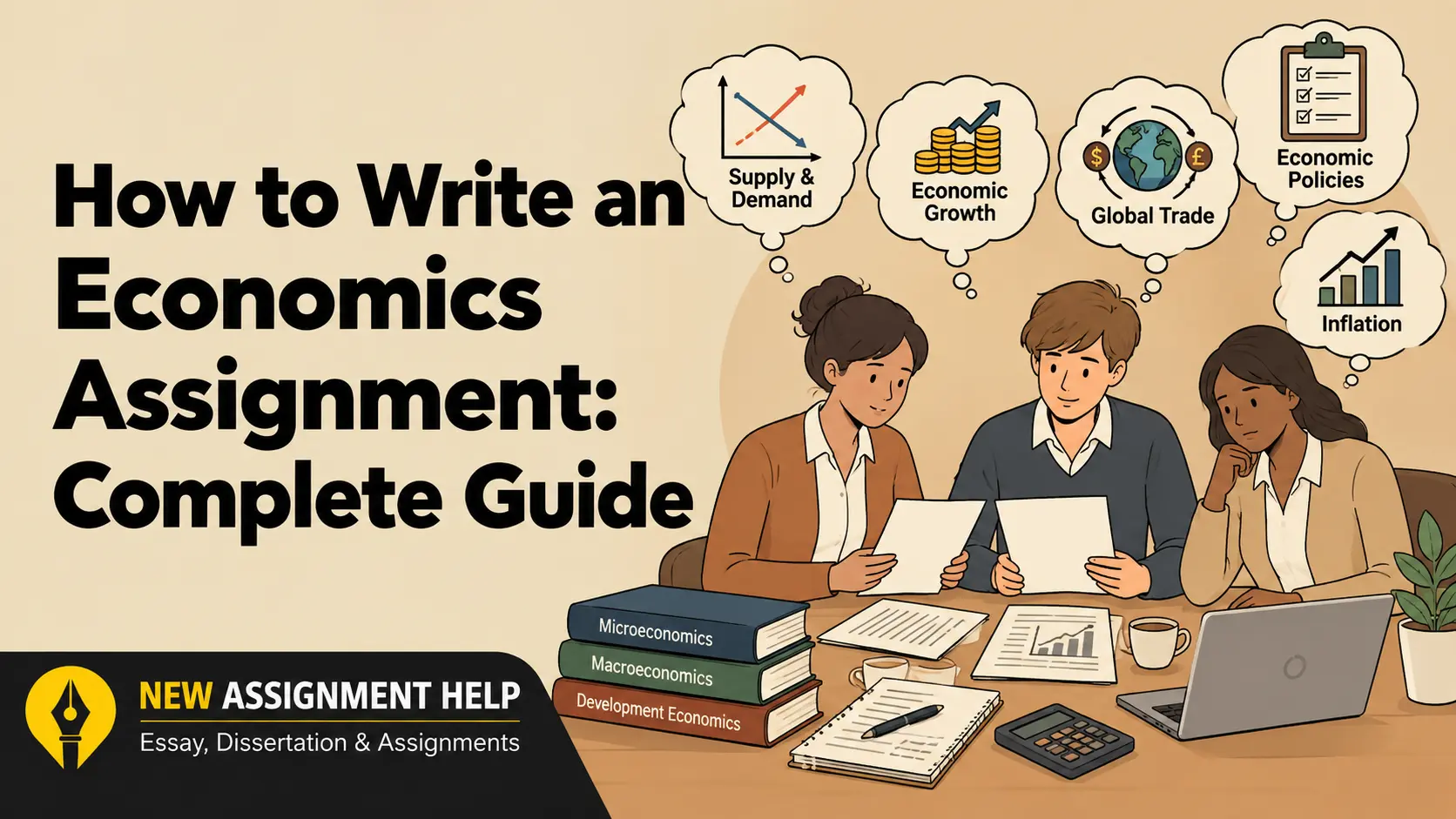 How to Write an Economics Assignment: Complete Guide with a student researching economics topics, analysing data, and writing an assignment.